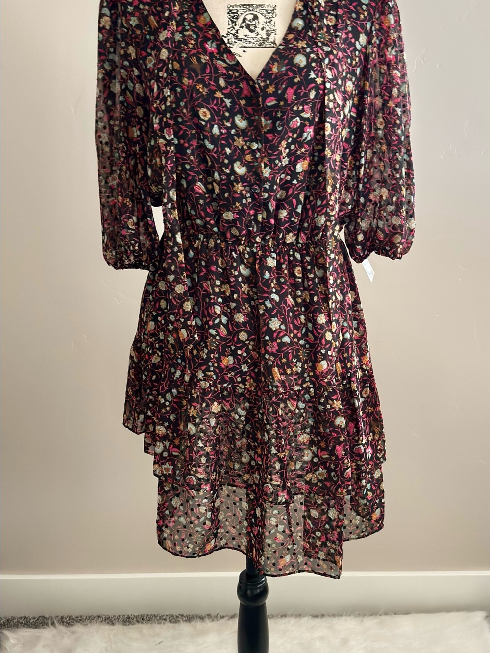 Nanette Lepore Black Floral Chiffon V-Neck A-Line Dress 3/4 Sleeve Size 10